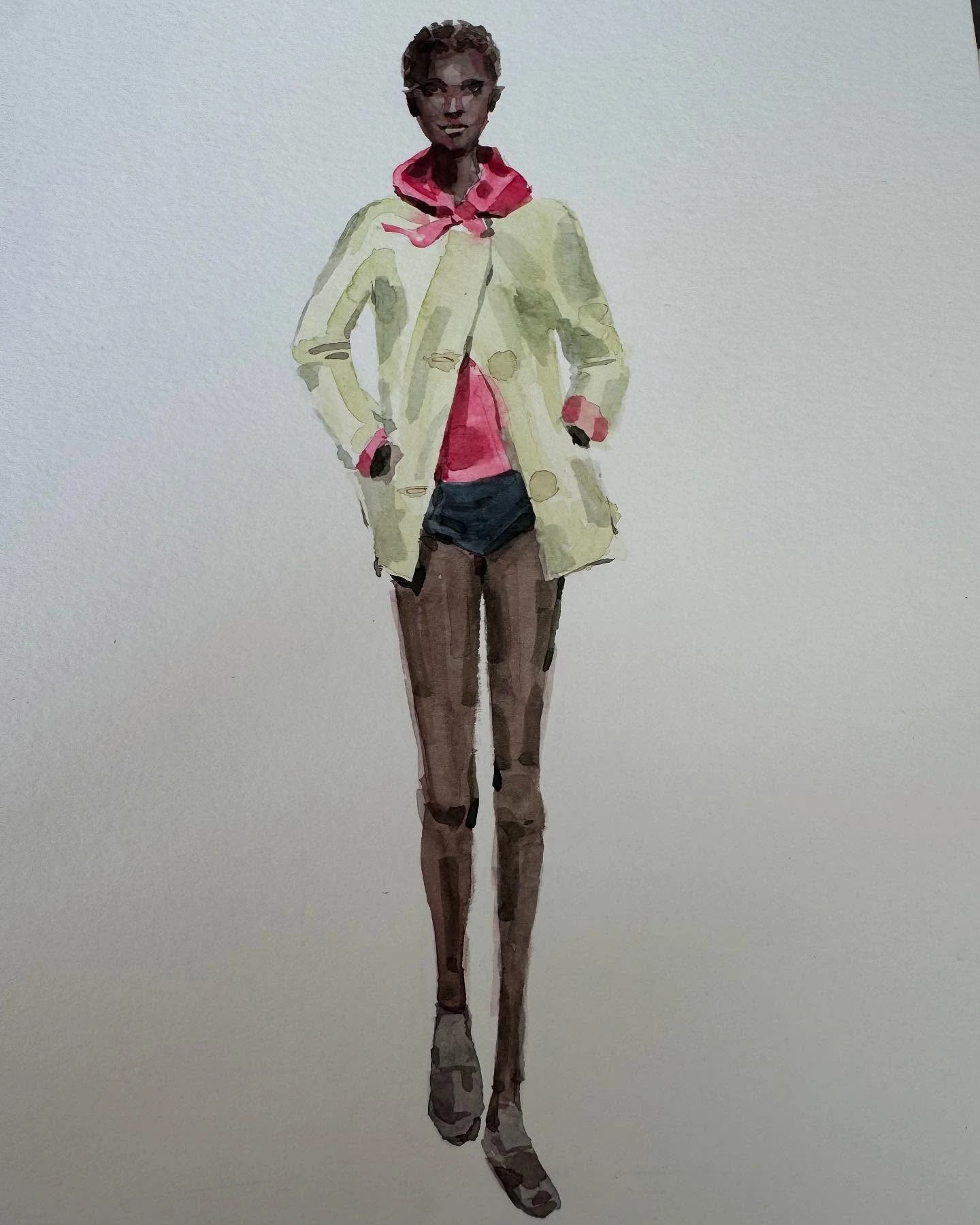 A green and pink runway look interpreted in watercolor
